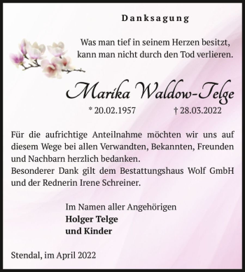 Traueranzeige von Marika Waldow-Telge  von Magdeburger Volksstimme