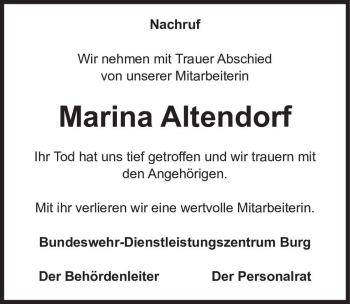 Traueranzeige von Marina Altendorf  von Magdeburger Volksstimme