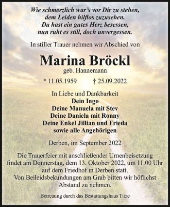 Traueranzeige von Marina Bröckl (geb. Hannemann)  von Magdeburger Volksstimme