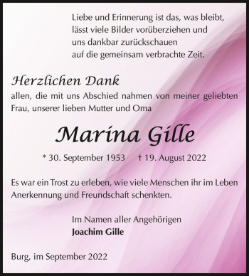 Traueranzeige von Marina Gille  von Magdeburger Volksstimme
