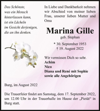 Traueranzeige von Marina Gille (geb. Stephan)  von Magdeburger Volksstimme