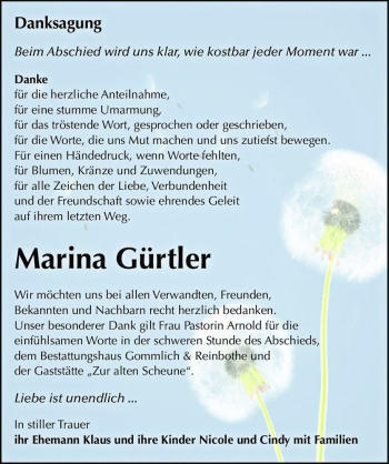 Traueranzeige von Marina Gürtler  von Magdeburger Volksstimme