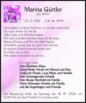 Traueranzeige von Marina Gürtler (geb. Böhm)  von Magdeburger Volksstimme