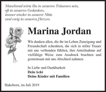 Traueranzeige von Marina Jordan  von Magdeburger Volksstimme