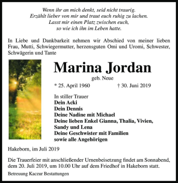 Traueranzeige von Marina Jordan (geb. Neue)  von Magdeburger Volksstimme