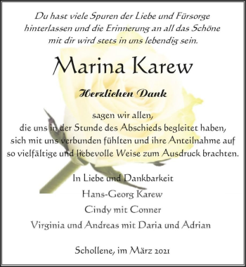 Traueranzeige von Marina Karew  von Magdeburger Volksstimme