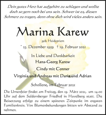 Traueranzeige von Marina Karew (geb. Heidepriem)  von Magdeburger Volksstimme