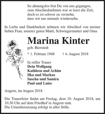Traueranzeige von Marina Kinter (geb. Bierstedt)  von Magdeburger Volksstimme