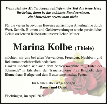 Traueranzeige von Marina Kolbe  von Magdeburger Volksstimme