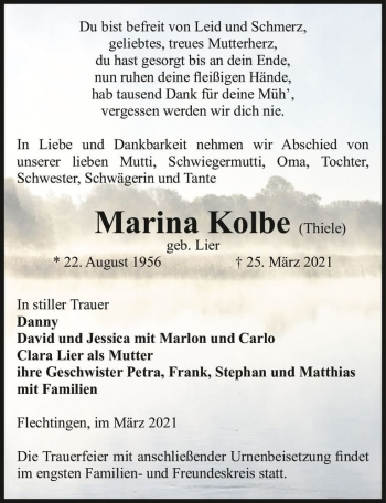 Traueranzeige von Marina Kolbe (geb. Lier)  von Magdeburger Volksstimme