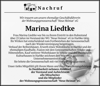 Traueranzeige von Marina Liedtke  von Magdeburger Volksstimme