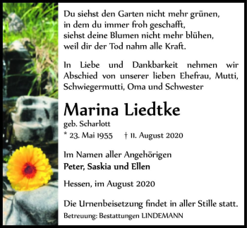 Traueranzeige von Marina Liedtke (geb. Scharlott)  von Magdeburger Volksstimme