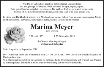 Traueranzeige von Marina Meyer (geb. Görsch)  von Magdeburger Volksstimme