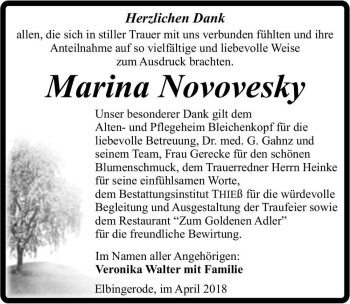 Traueranzeige von Marina Novovesky  von Magdeburger Volksstimme