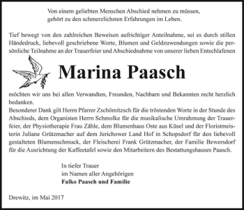 Traueranzeige von Marina Paasch  von Magdeburger Volksstimme