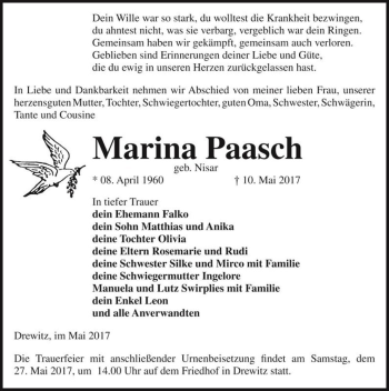 Traueranzeige von Marina Paasch (geb. Nisar)  von Magdeburger Volksstimme