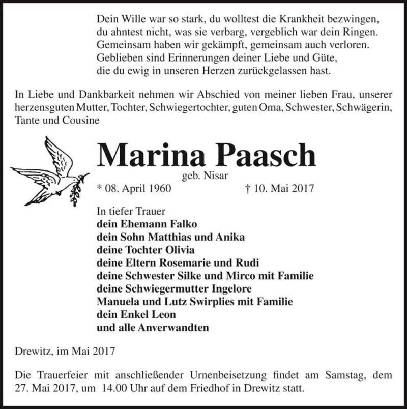  Traueranzeige für Marina Paasch (geb. Nisar)  vom 20.05.2017 aus Magdeburger Volksstimme
