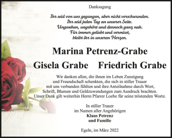 Traueranzeige von Marina Petrenz-Grabe, Gisela Grabe, Friedrich Grabe  von Magdeburger Volksstimme