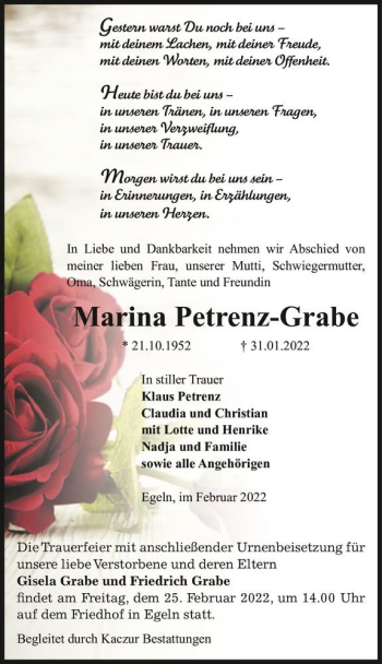 Traueranzeige von Marina Petrenz-Grabe  von Magdeburger Volksstimme