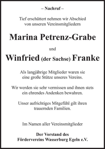 Traueranzeige von Marina Petrenz-Grabe und Winfried (der Sachse) Franke  von Magdeburger Volksstimme