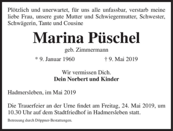Traueranzeige von Marina Püschel (geb. Zimmermann)  von Magdeburger Volksstimme