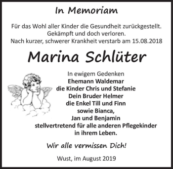 Traueranzeige von Marina Schlüter  von Magdeburger Volksstimme