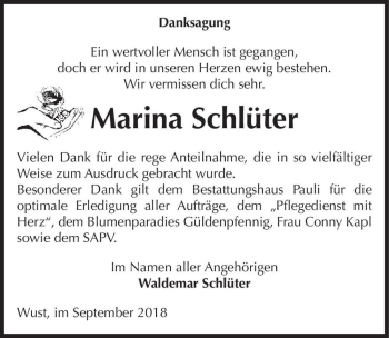 Traueranzeige von Marina Schlüter  von Magdeburger Volksstimme