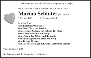 Traueranzeige von Marina Schlüter (geb. Hudac)  von Magdeburger Volksstimme