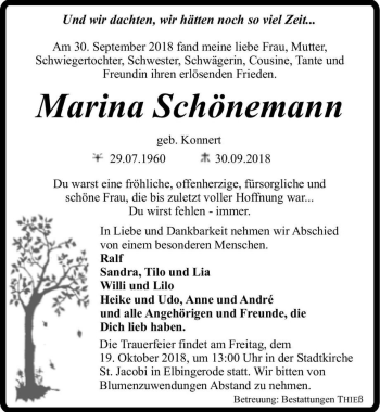 Traueranzeige von Marina Schönemann (geb. Konnert)  von Magdeburger Volksstimme