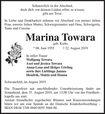 Traueranzeige von Marina Towara (geb. Krebs)  von Magdeburger Volksstimme