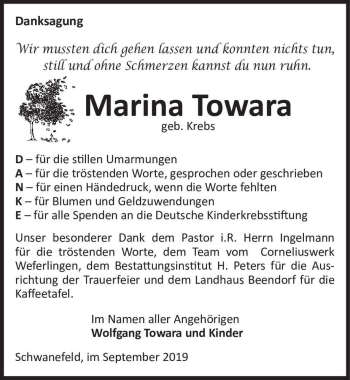 Traueranzeige von Marina Towara (geb. Krebs)  von Magdeburger Volksstimme
