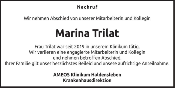 Traueranzeige von Marina Trilat  von Magdeburger Volksstimme