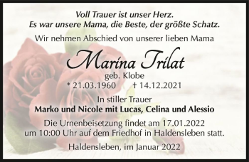 Traueranzeige von Marina Trilat (geb. Klobe)  von Magdeburger Volksstimme