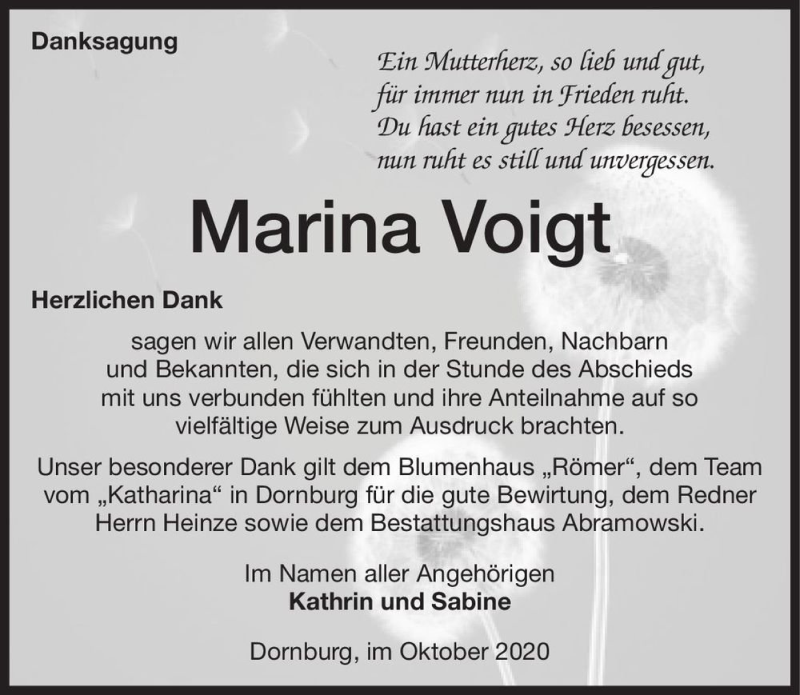  Traueranzeige für Marina Voigt  vom 17.10.2020 aus Magdeburger Volksstimme