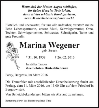 Traueranzeige von Marina Wegener (geb. Struck)  von Magdeburger Volksstimme
