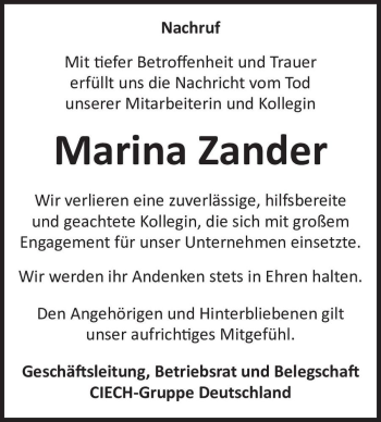 Traueranzeige von Marina Zander  von Magdeburger Volksstimme