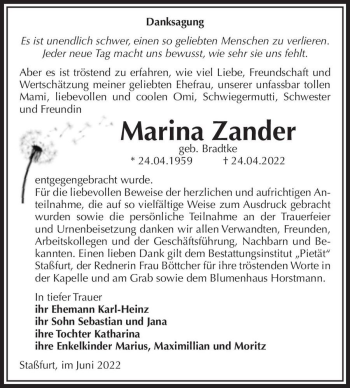 Traueranzeige von Marina Zander (geb. Bradtke)  von Magdeburger Volksstimme