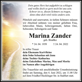 Traueranzeige von Marina Zander (geb. Bradtke)  von Magdeburger Volksstimme