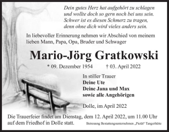 Traueranzeige von Mario-Jörg Gratkowski  von Magdeburger Volksstimme