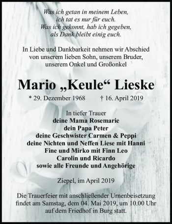 Traueranzeige von Mario 