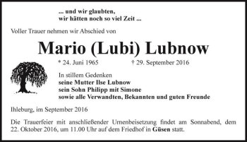 Traueranzeige von Mario (Lubi) Lubnow  von Magdeburger Volksstimme