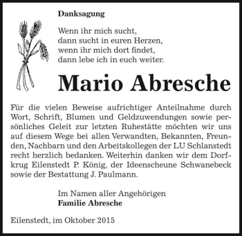 Traueranzeige von Mario Abresche  von Magdeburger Volksstimme