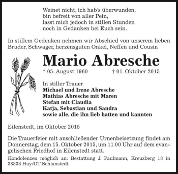 Traueranzeige von Mario Abresche  von Magdeburger Volksstimme