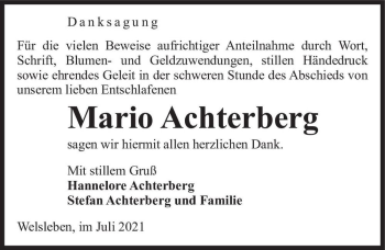 Traueranzeige von Mario Achterberg  von Magdeburger Volksstimme