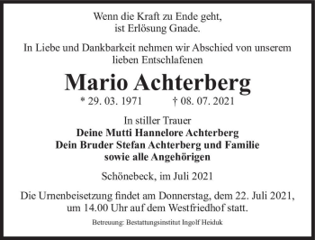Traueranzeige von Mario Achterberg  von Magdeburger Volksstimme