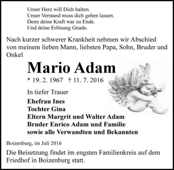 Traueranzeige von Mario Adam  von Magdeburger Volksstimme