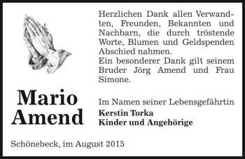 Traueranzeige von Mario Amend  von Magdeburger Volksstimme