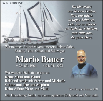 Traueranzeige von Mario Bauer  von Magdeburger Volksstimme