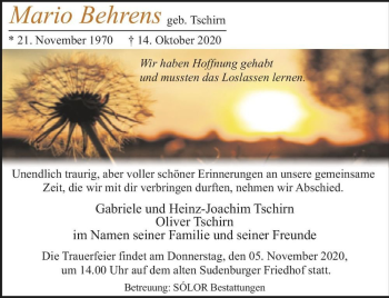 Traueranzeige von Mario Behrens (geb. Tschirn)  von Magdeburger Volksstimme