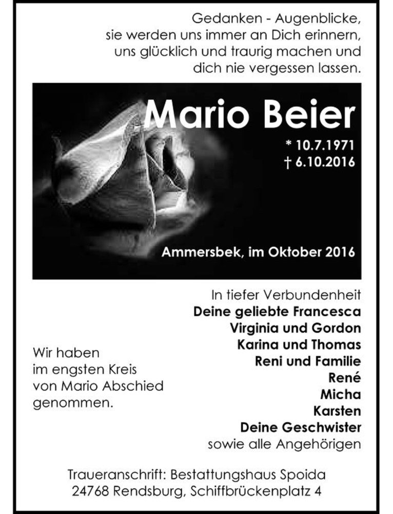  Traueranzeige für Mario Beier  vom 15.10.2016 aus Magdeburger Volksstimme